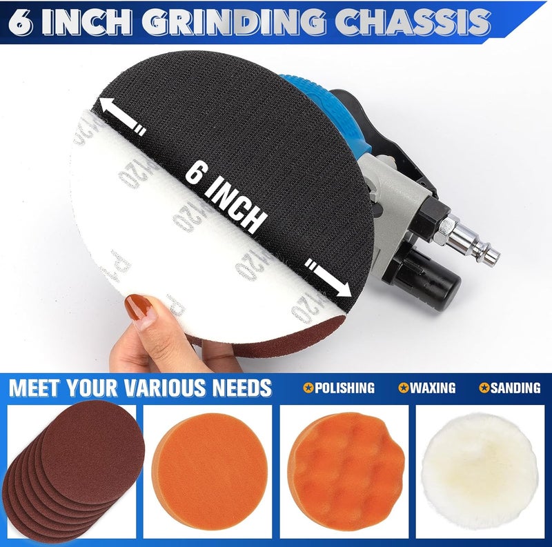 PUIMIT 6" Air Sander Kit - Garage-Ready Dual Action Tool, Car Detailing & Woodworking Hero | Palm-Sized Power w/Free Tool Kits - Image 3